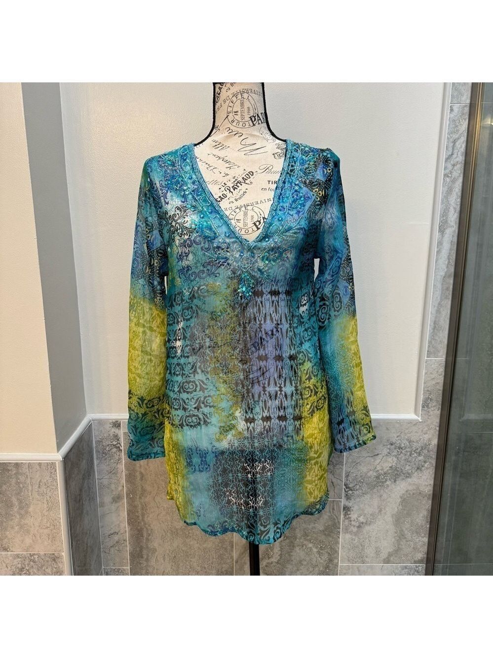 Raviya Sheer Bead Embellished Boho Tunic Blouse Size Medium